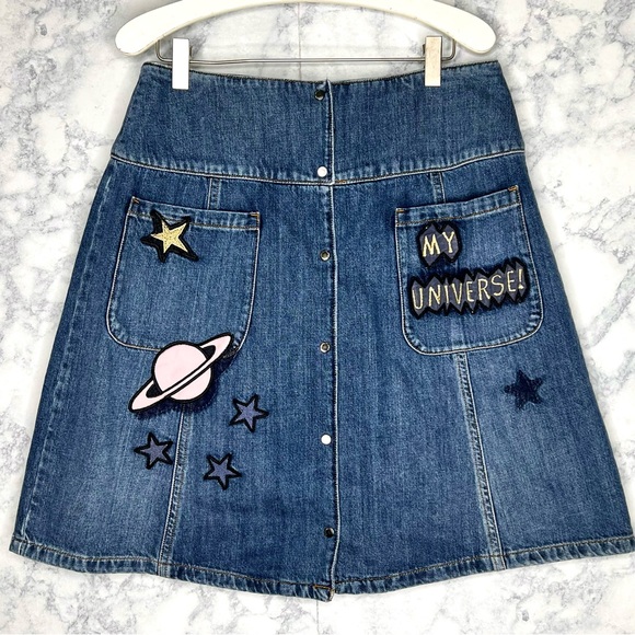 ⭐️ EMPORIO ARMANI A Line Y2K Denim Skirt Women’s 8 Cosmic Galaxy Patches - Picture 2 of 11